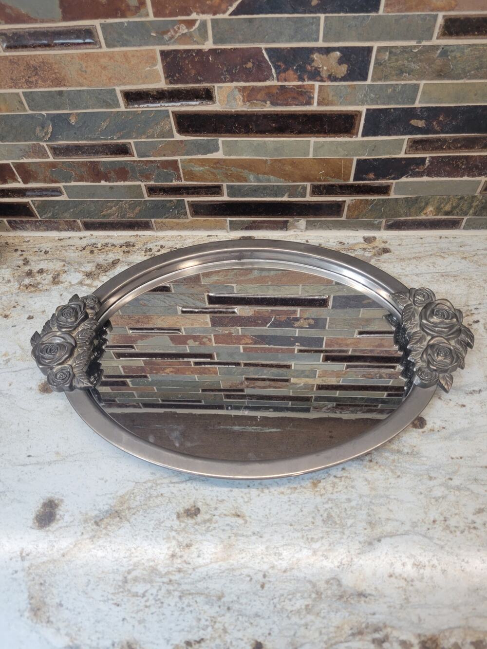 Vintage Godinger Silver Plated Mirrored Vanity Tray Rose Handles Oval 14"